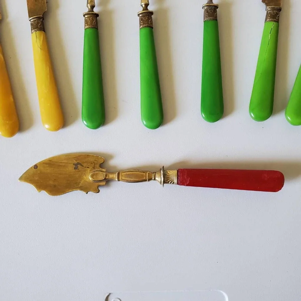 Antique French Brass Bakelite Knife Spoon Flatware Lot of 10 Nadal France